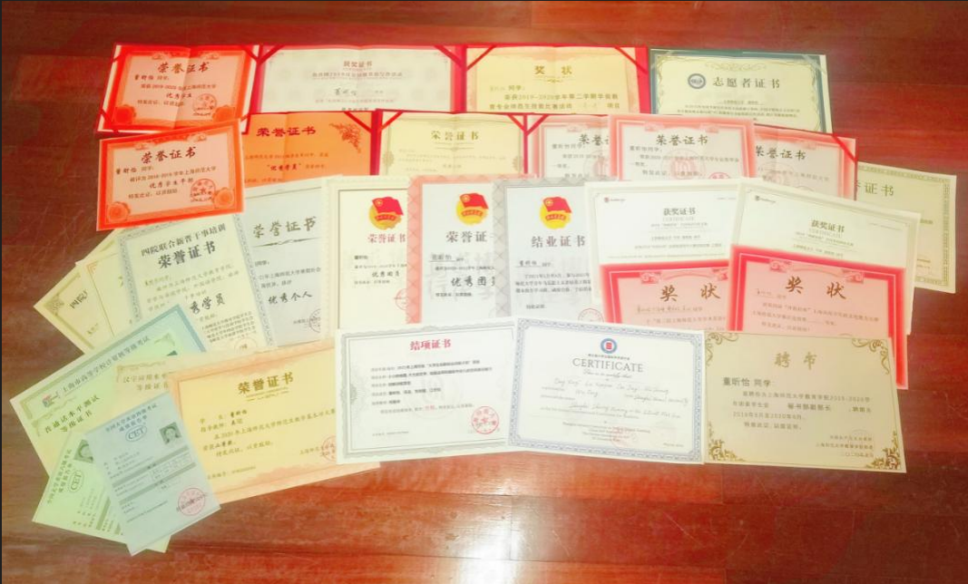 【圖1】本科期間所獲獎狀證書一覽